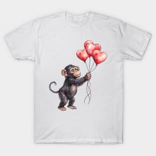 Valentine Chimpanzee Holding Heart Shaped Balloons T-Shirt